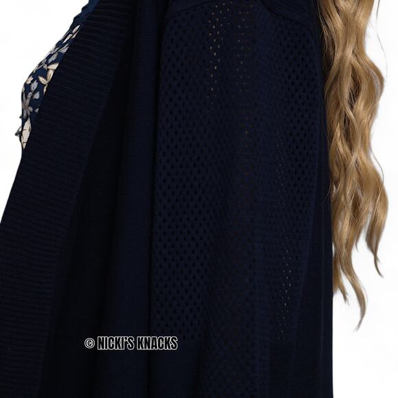 Faith & Zoe Navy Blue Open Front Mesh Panel Knit Cardigan Sweater Size L - Picture 5 of 11